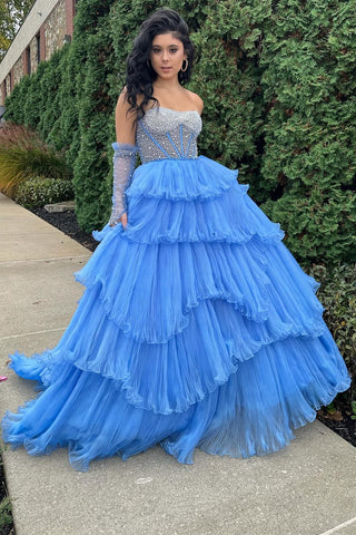 A-line Sweetheart Tiered Organza Prom Dress with Detachable Sleeves
