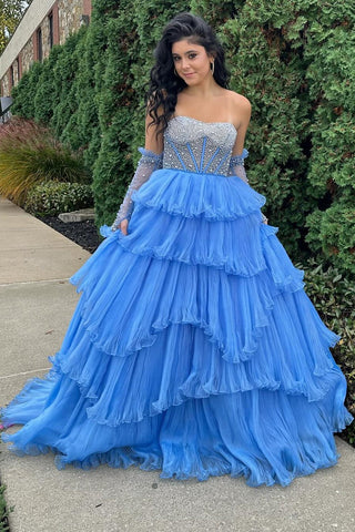 A-line Sweetheart Tiered Organza Prom Dress with Detachable Sleeves