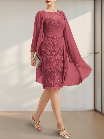 Sheath/Column Scoop Illusion Knee-Length Lace Chiffon Mother of the Bride Dress With Cascading Ruffles Sequins