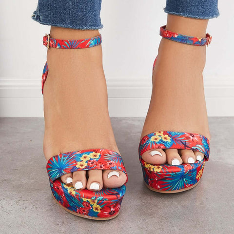 Printed Floral Style Platform Wedges Ankle Strap Sandals