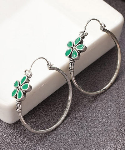 Vintage Silk Sterling Silver Five Petal Flower Hoop Earrings