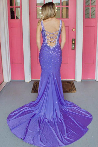 Elle | Meerjungfrau-Ballkleid aus Satin mit V-Ausschnitt und Perlenbesatz und überkreuztem Rücken