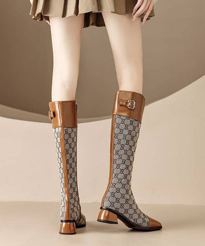 Style Brown Splicing Zippered Chunky Long Boots