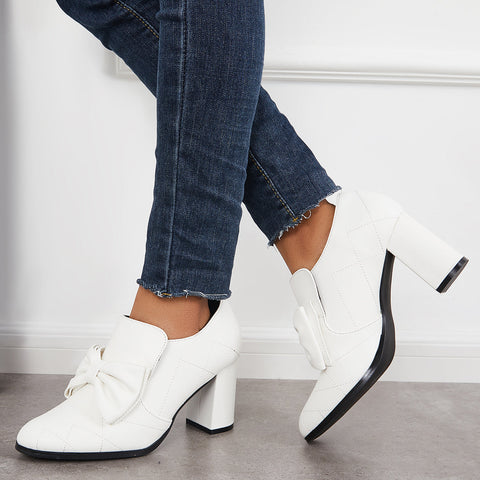 Bowknot Pointed Toe Chunky High Heel Pumps Slip on Dress Shoes