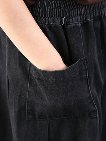 Leisure Solid Denim Puff Pants Bottoms