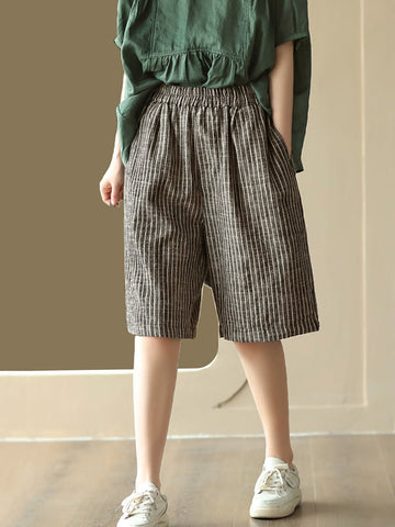 Women Summer Stripe Pocket Vintage Loose Linen Short Pants
