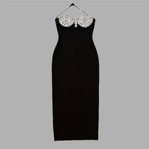 Robe bandage sexy européenne et américaine à col suspendu, robe de soirée dos nu à perles à clous lourds, robe