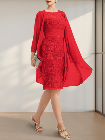 Sheath/Column Scoop Illusion Knee-Length Lace Chiffon Mother of the Bride Dress With Cascading Ruffles Sequins