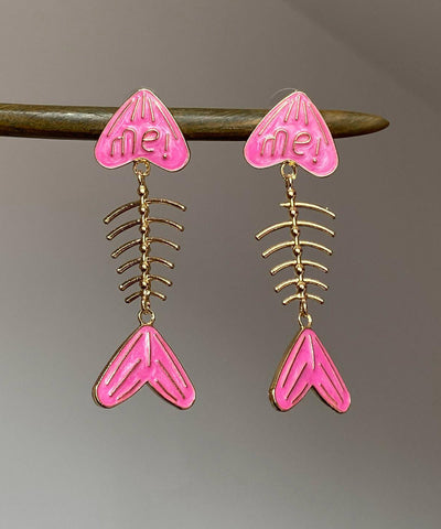 Unique Pink Alloy Drip Glaze Fish Bone Stud Earrings