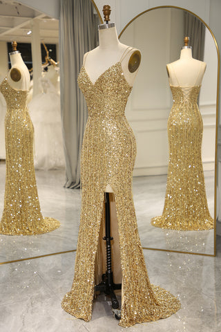Bling Mermaid Spaghetti Straps Golden Sequins Long Prom Dress with Split Front