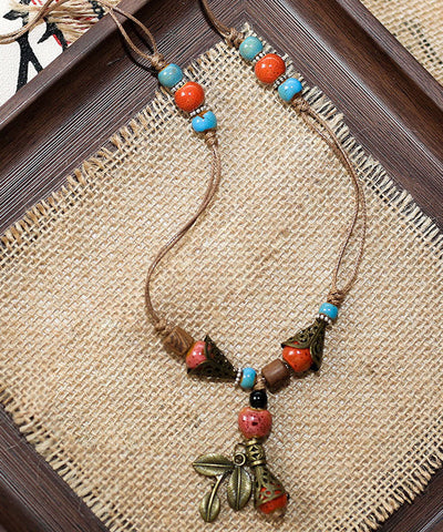 Vintage Brown Weave Ceramic Beading Pendant Necklace