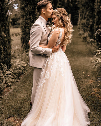 Bmbridal Champagne Tulle Wedding Dress Sleeveless Open Back