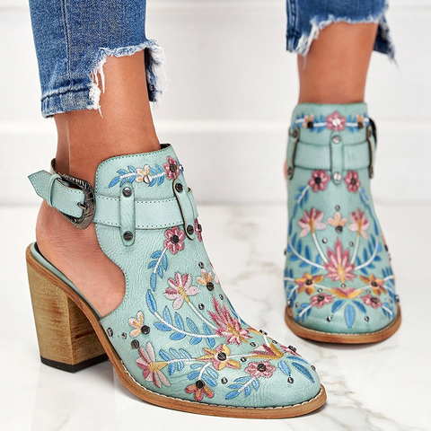 Pink Cutout Embroidered Chunky Heels Ankle Strap Slingback Sandals