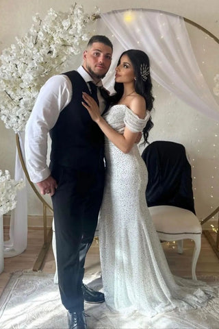 Bmbridal Off-the-Shoulder Mermaid Wedding Dress Sequins Long