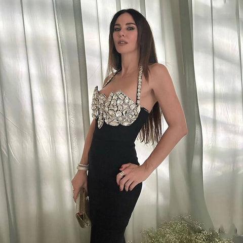 Robe bandage sexy européenne et américaine à col suspendu, robe de soirée dos nu à perles à clous lourds, robe