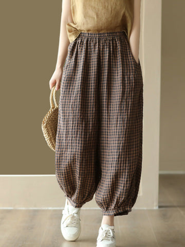 Women Summer Vintage Pocket Plaid Linen Harem Pants