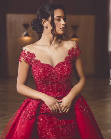 Off-the-Shoulder Prom Dress Lace Appliques With Overskirt