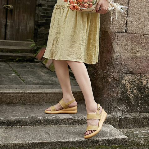 Women Retro Leather Summer Wedge Sandals