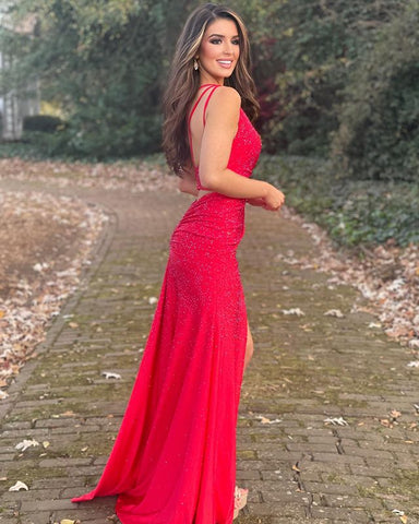 Mermaid One Shoulder Beaded Jersey Prom Dress with Slit