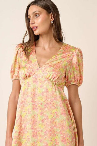 Floral V-Neck Puff Sleeve Mini Summer Dress