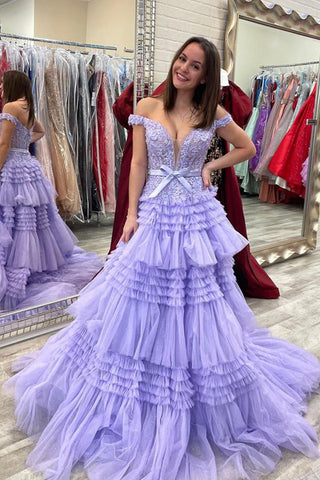 A Line Off the Shoulder Light Pink Long Prom Dress with Ruffles