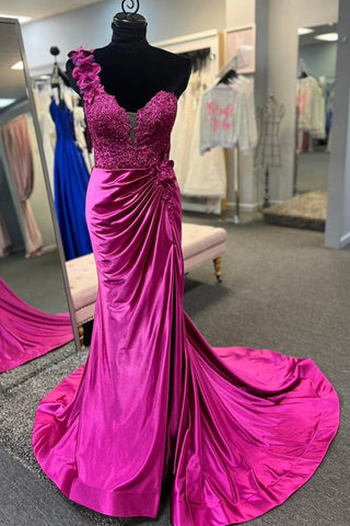 One-Shoulder 3D Floral Lace Pleated Long Gown with Slit