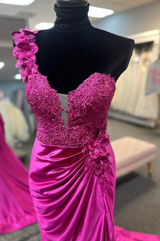 One-Shoulder 3D Floral Lace Pleated Long Gown with Slit