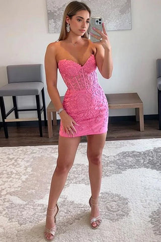 Pink Tight Short Homecoming Dress with Appliques