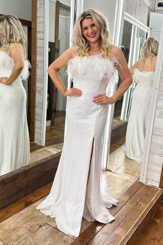 Mermaid Strapless White Sequins Plus Size Prom Dress with Feathers