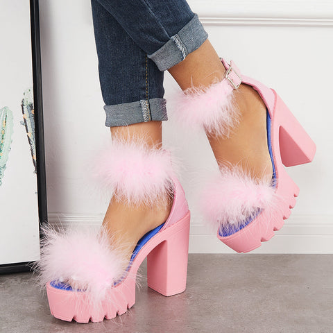 Furry Platform Chunky High Heels Open Toe Ankle Strap Sandals