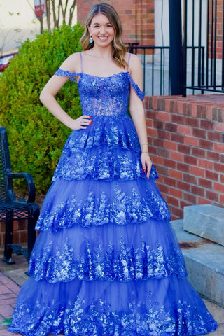 Tulle Sequin Cold-Shoulder Ruffle Tiered Long Prom Dress