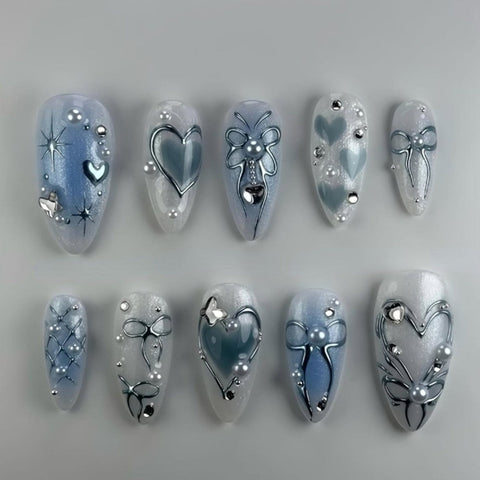Blue Love BowCarefully designed pure handmade press-on gel nails