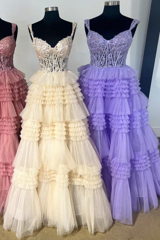Tulle Off-the-Shoulder Ruffle Tiered Long Prom Dress