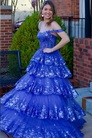 Tulle Sequin Cold-Shoulder Ruffle Tiered Long Prom Dress
