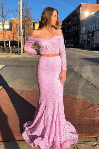 Schulterfreies langes Ballkleid aus rosa Spitze