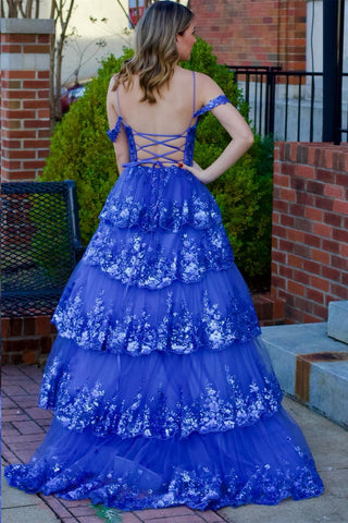 Tulle Sequin Cold-Shoulder Ruffle Tiered Long Prom Dress