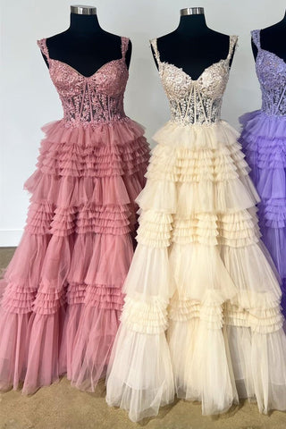Tulle Off-the-Shoulder Ruffle Tiered Long Prom Dress