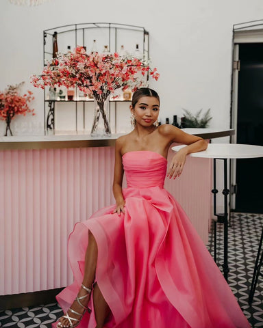 Light Pink A Line Strapless Organza Prom Dress