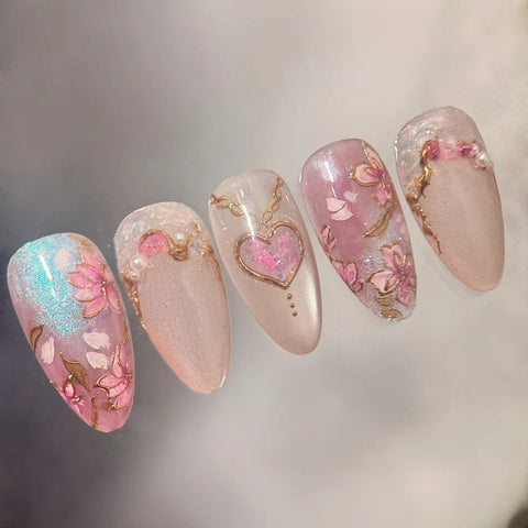 Pink Cherry Blossom NailsCarefully designed pure handmade press-on gel nails