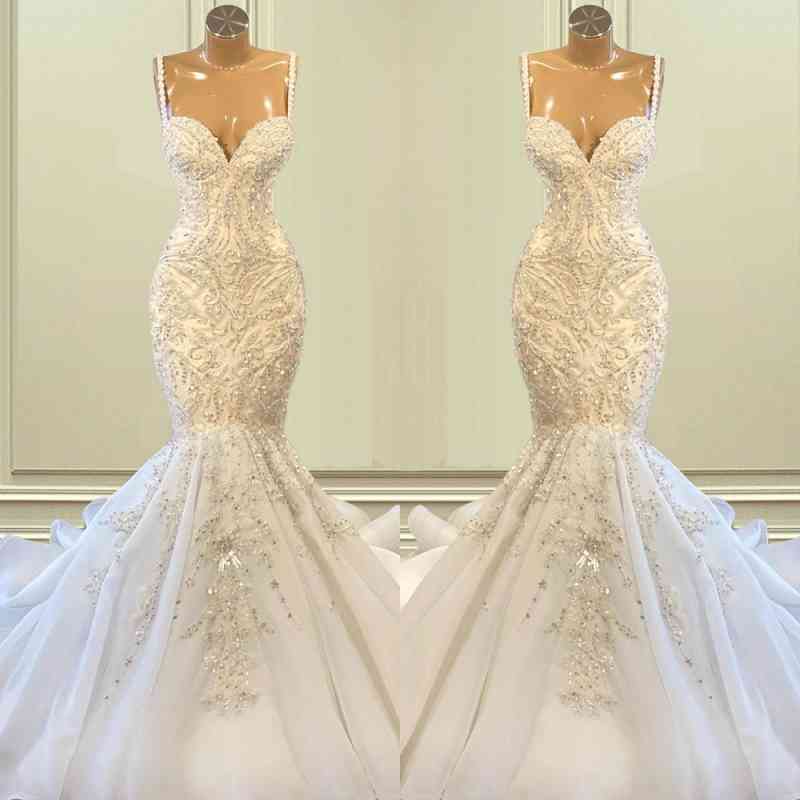 Bmbridal Spaghetti-Straps Sleeveless Wedding Dress Mermaid Long With Beadings
