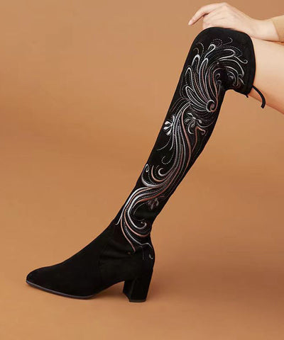 Retro Black Chinese Style Embroideried Chunky Knee Boots