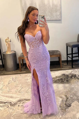 Black Corset Sweetheart Long Lace Prom Dress with Slit