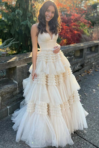 Tulle Tiered Spaghetti Straps Long Prom Dress with Slit
