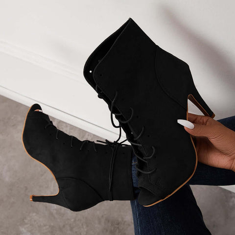 Peep Toe Stiletto High Heel Ankle Boots Lace Up Booties