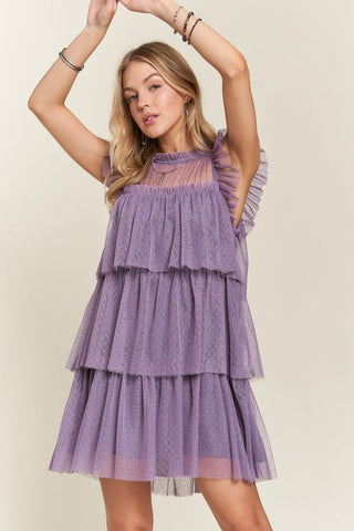 Muave Layered Ruffled Cap Sleeve Mesh Dress