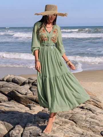 Langärmliges Midikleid mit Stickerei und Polka Dots zum Binden am Hals