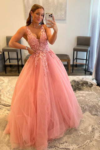 Princess A Line V Neck Orange Long Prom Dress with Appliques