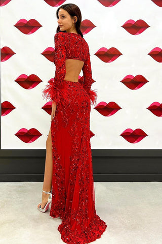 Mermaid Deep V Neck Red Sequins Long Prom Dress with Feather
