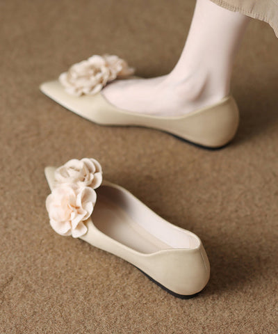 Beige Kunstleder Flache Füße Schuhe Spleißen Floral Spitzschuh