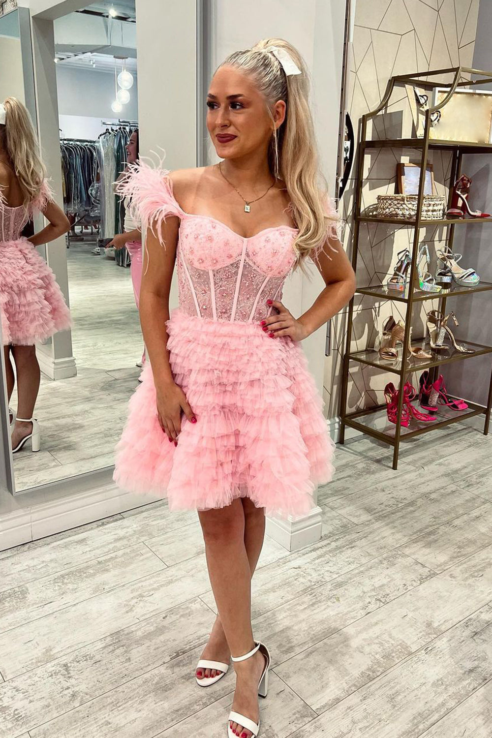 Stylish A Line Off the Shoulder Light Blue Short Homecoming Dress with Feather